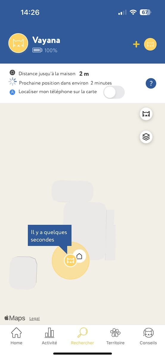 onglet position gps en temps réel dans l'application feelloo